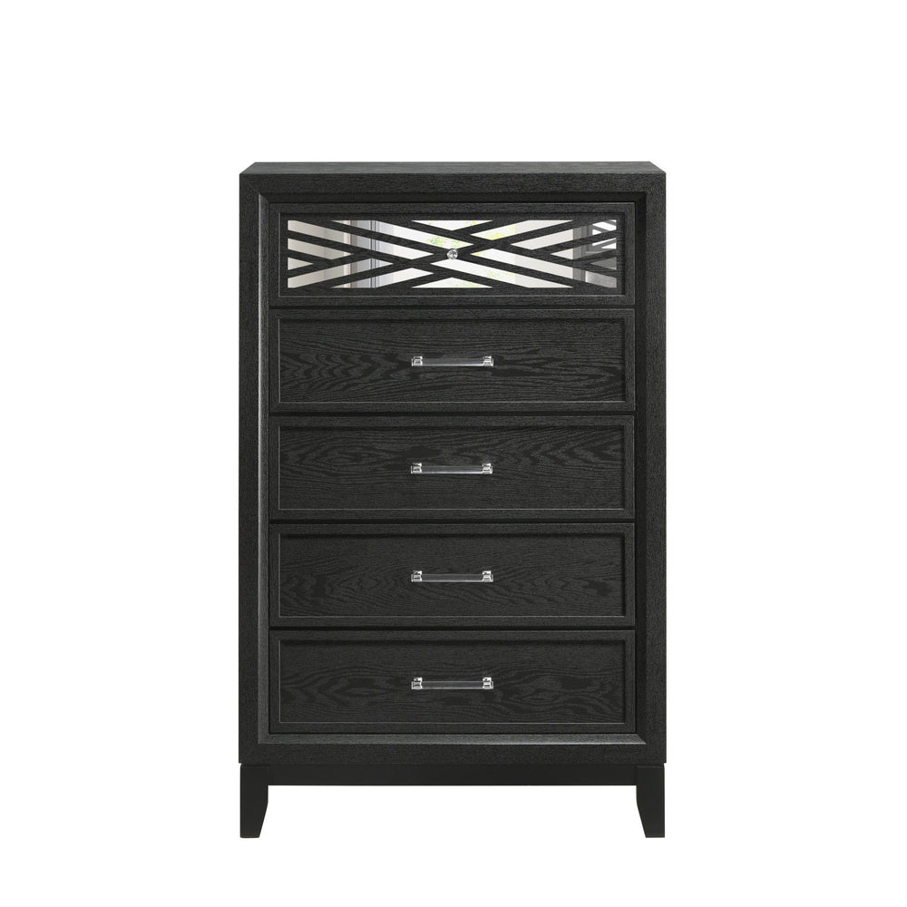 The Obsidian 5-Drawer Chest in Black is a sophisticated piece that combines modern elegance with practical functionality. Expertly crafted from premium solid Rubberwood and enhanced with manufactured woods and veneers, this chest offers both lasting beaut