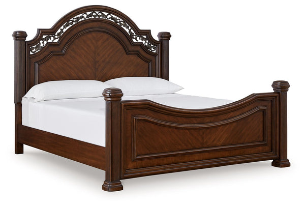 Take inspiration from the traditional luxury of this king poster bed. Classic with a rich cherry brown finish, its stately presence graces your room with an air of opulence. Your taste for exquisite details is satisfied with the headboardâ€™s ornate accen