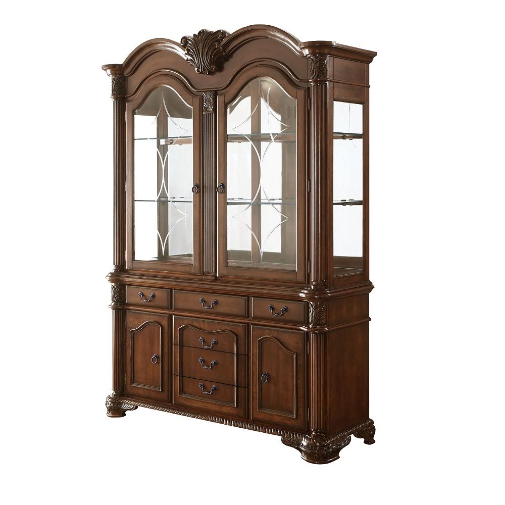 The Chateau De Ville hutch and buffet offers you plenty of space for all your fine dining accessories from napkin rings to serving platters. The top cabinet is accessed via two tall, arched doors and is outfitted with clear glass panels on the front and s