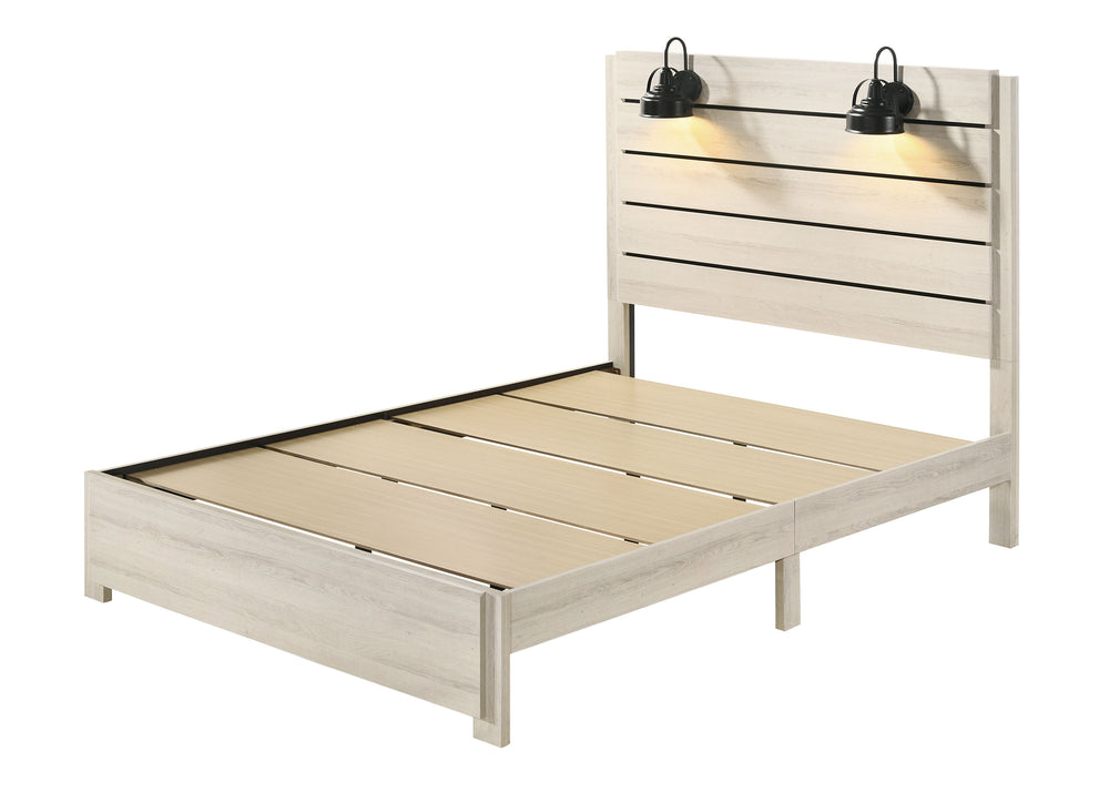 This bedroom set marries rustic appeal with contemporary lines, offering a cozy yet refined aesthetic to any modern home. The set features a generously sized bed with a broad, planked headboard with integrated sconces, creating an inviting ambiance. Flank