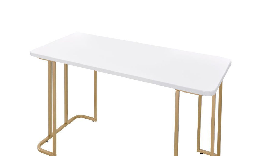 Personfiy your workplace with some bold, clear and strong accessories. The Estie Writing Desk boasts a clean-lined metal sled base, with gold finish enhancing its modern silhouette. White rectangle table top offers a spacious and clean workplace. Simple a