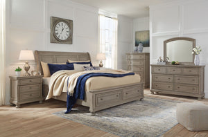  this California king sleigh bed with storage sports serene sophistication. Forever classic design detailsâ€”inlaid panels