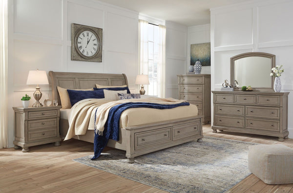  this California king sleigh bed with storage sports serene sophistication. Forever classic design detailsâ€”inlaid panels