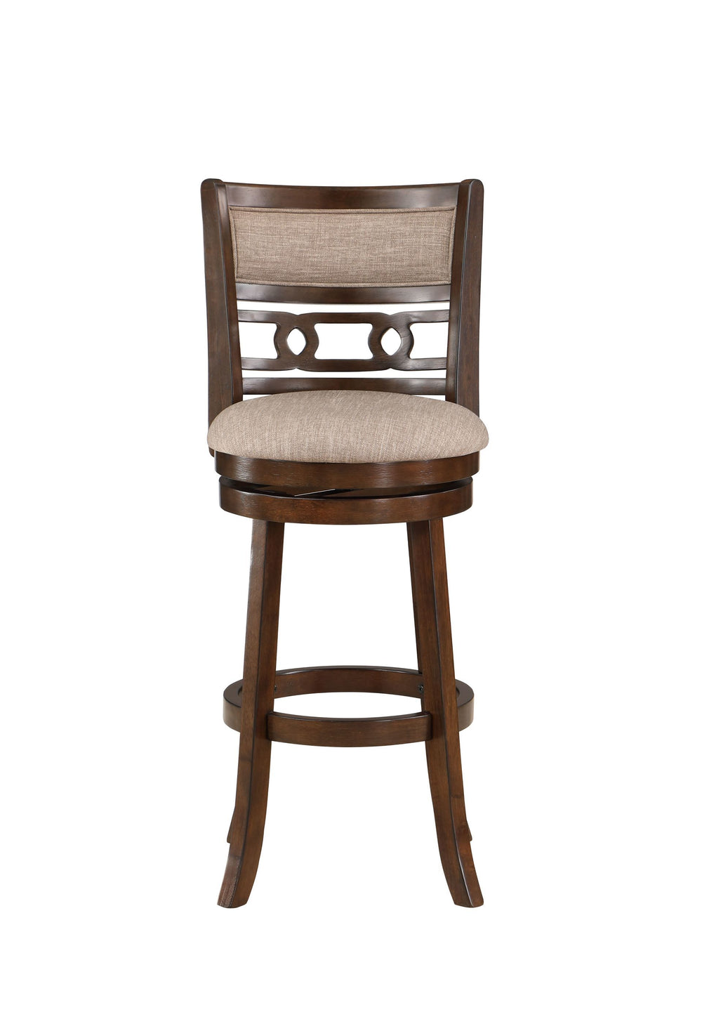 The Gia Wood 29" Swivel Upholstered Barstool in Cherry combines timeless design with lasting comfort, making it an ideal addition to your kitchen or home bar. Crafted with Mindi and Rubberwood solids and veneers, this barstool offers a sturdy and elegant 