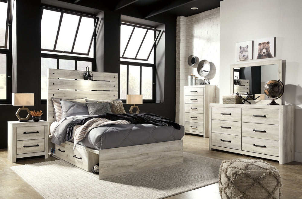 Wispy white finish over replicated Oak grain with authentic touch. Large scaled dark colored handles. Cases feature a framed front and pilasters. All panel headboards (53,57,58,87) feature decorative matte black sconce lights. Side roller glides for smoot