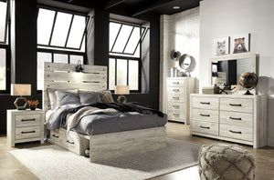 Cambeck - 8 Piezas - Cómoda, Espejo, Cama de Panel Completo con Cajones de Almacenamiento Laterales, 2 Mesitas de Noche - Blanco Lavado