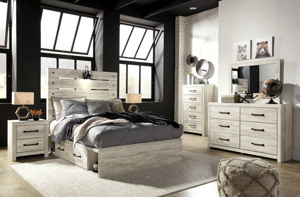 Cambeck - 8 Piezas - Cómoda, Espejo, Cama de Panel Completo con Cajones de Almacenamiento Laterales, 2 Mesitas de Noche - Blanco Lavado