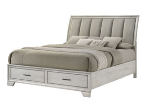  featuring a white mist finish that commands attention while maintaining a sense of warmth and coziness. The bed stands as the stunning centerpiece