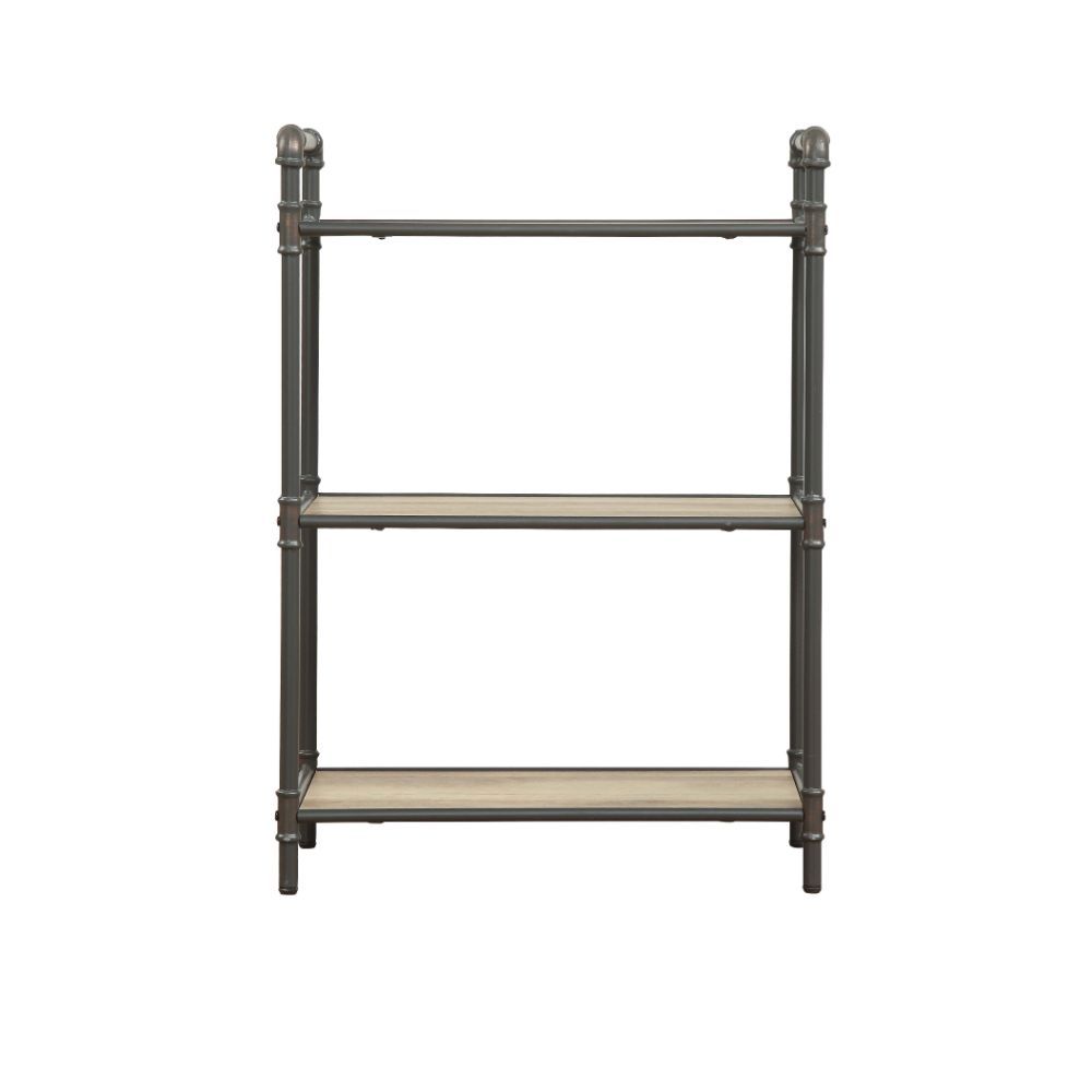 If you-'re a fan of urban industrial design, it-'s easy to see why the Itzel bookcase is a bestseller. The sandy gray frame is sleek, sculptural and ultra modern. Beautified with an antique oak finish, three gallery shelves stack up to great form and func