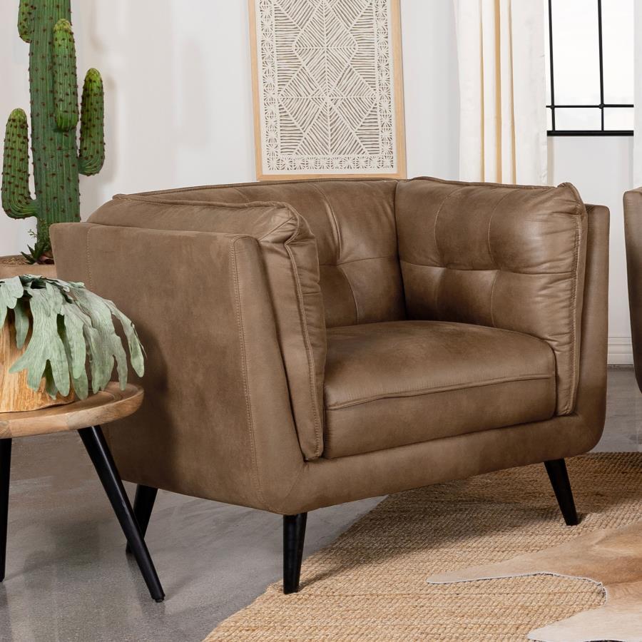 Transform your mid-century modern living room seating area with this contemporary shelter style lounge chair, designed in an updated Chesterfield style complete with plush grid tufted seats and cushions upholstered in a soft and smooth brown microfiber le