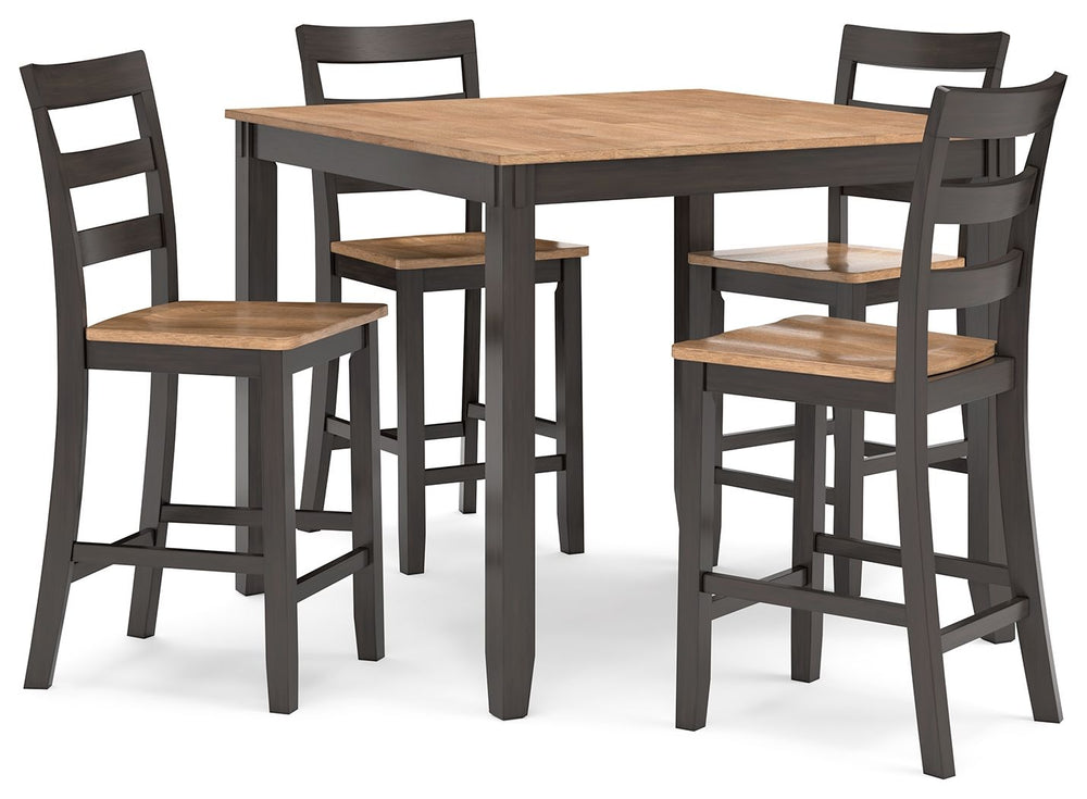  yet it still turns heads. The two-tone table and bar stools are effortlessly handsome. And the ladderback bar stools cater to your