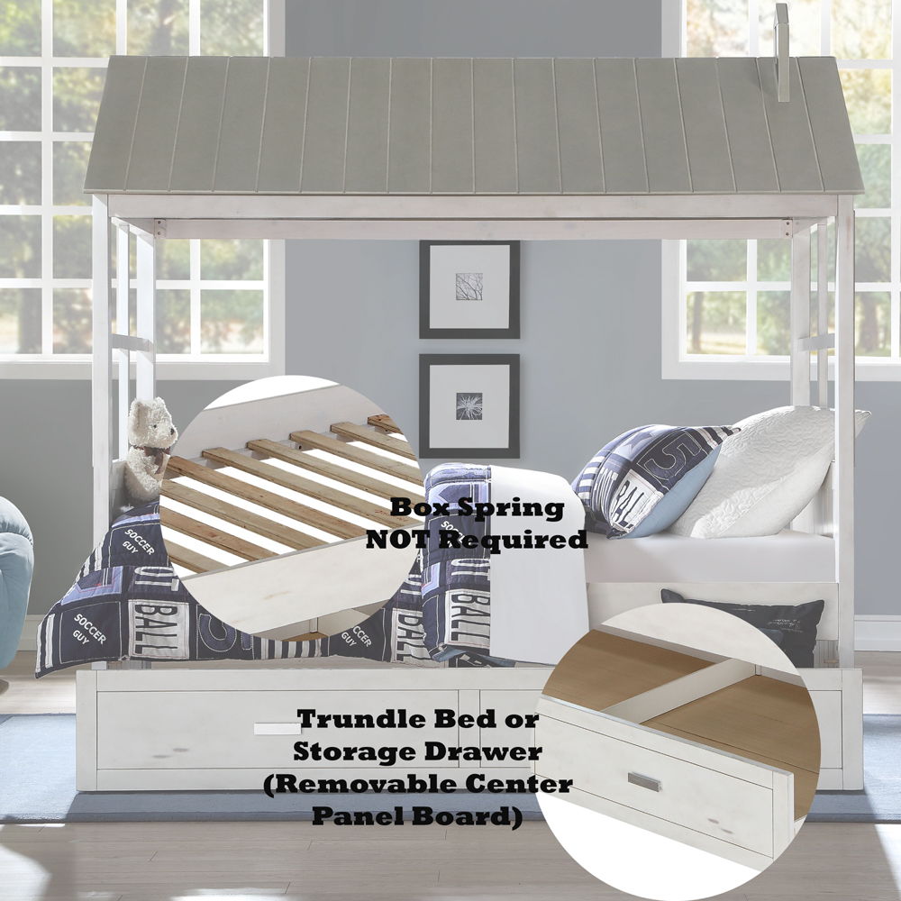 Your children will adore the magical Tree House II bed that evokes the spirit and appeal of an outdoor tree house. This unique bed sits inside a classic house frame, with beadboard panel headboard, footboard .and roof and features eight open windows in a 