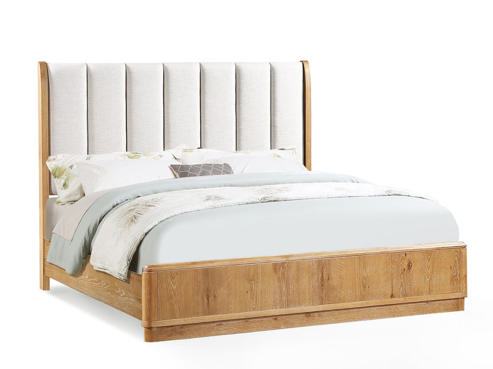 Elevate your bedroom with this stylish and inviting furniture group, designed to blend modern simplicity with rustic charm. The centerpiece features a beautifully upholstered headboard framed in a rich, natural wood finish, adding texture and warmth to yo
