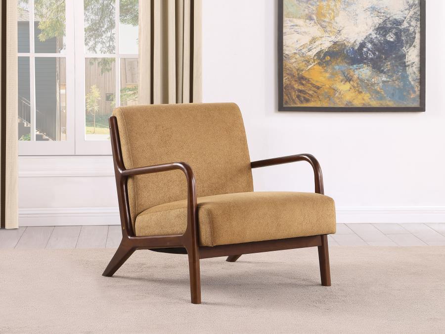 Infuse a little color into your existing space with a modern accent armchair. Its understated upholstery is soft and welcoming, perfectly complementing surrounding decor for a seamless look. The chair is built with a structured wood frame, complete with g