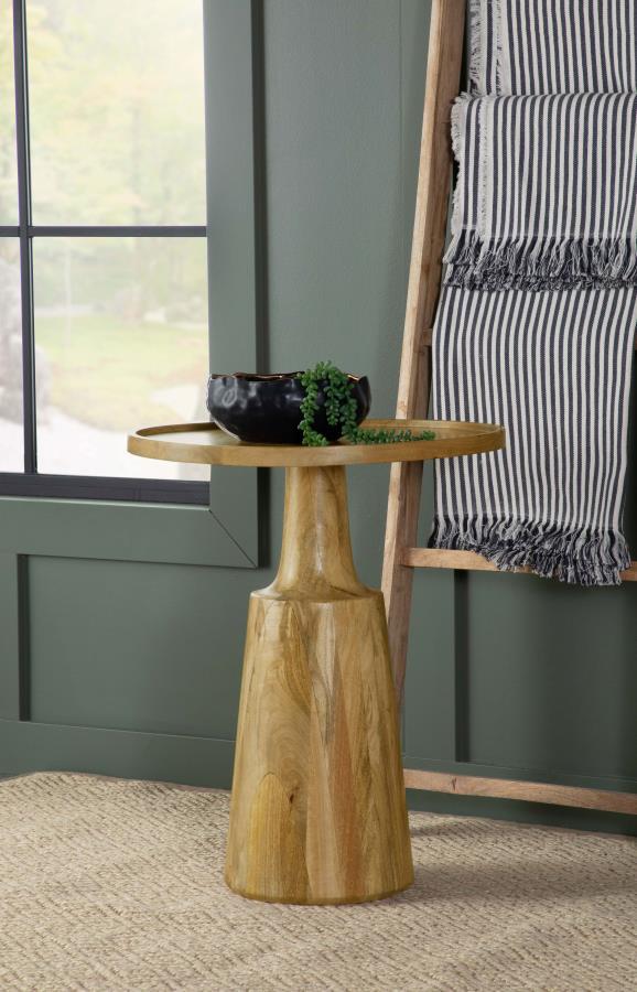  solid contoured base tapers toward the top that supports a round table surface. Raised edges define the silhouette even further and keep items in place. Made of an