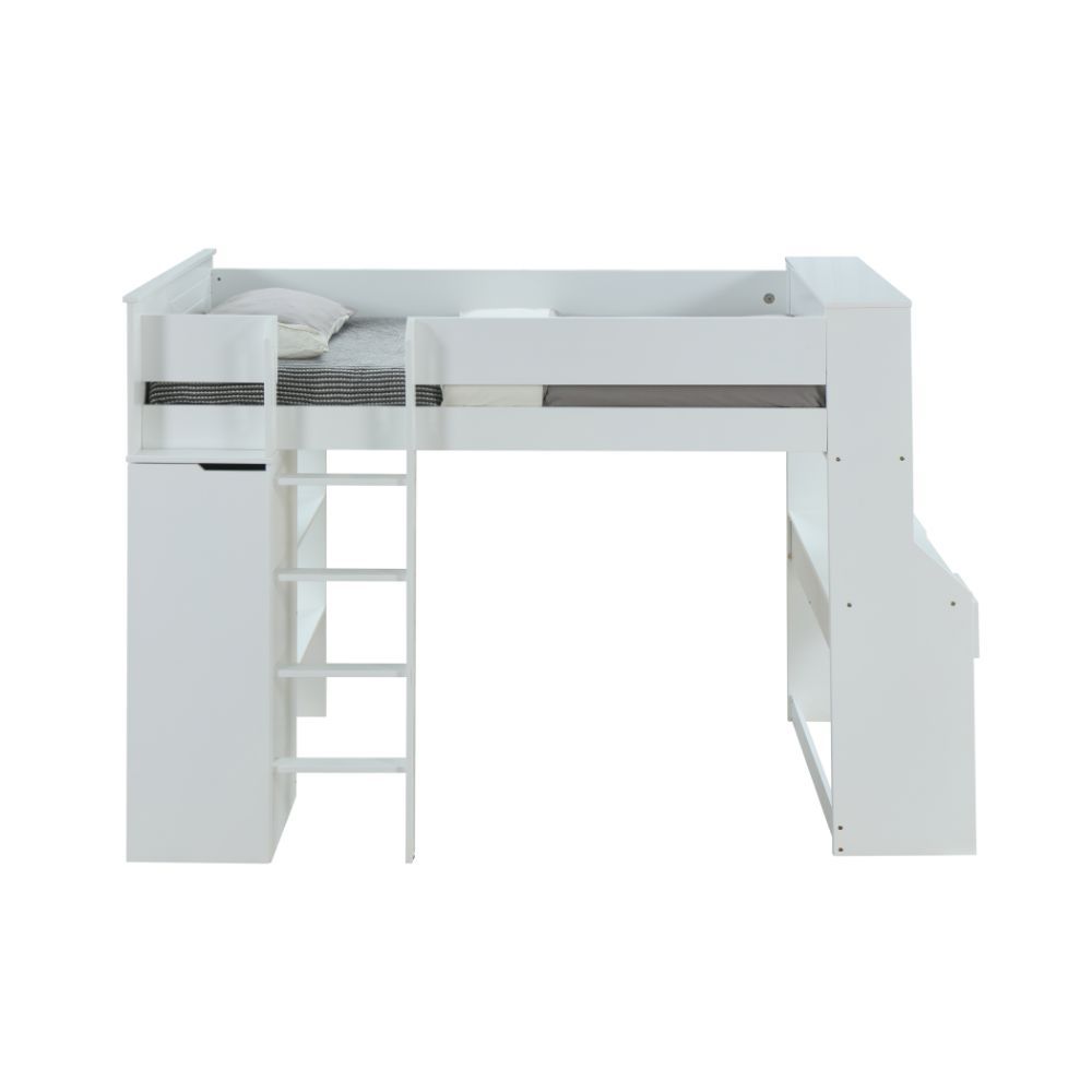 KD, Twin Loft Bed, (Includes: Desk, Wardrobe, Shelves) Slat System Included (12) LF Front Ladder (Not Reversible) Storage: RF Desk w/2 Drw & 2 Open Compartments, LF Wardrobe & Shelves Easy Access Guard-Rail (Top Bed) Twin Bed & Chair Sold Separately (3077