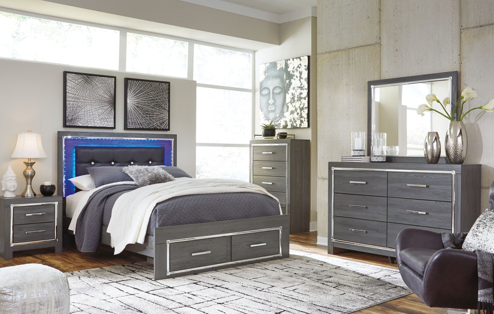 Modern gray finish with replicated wood grain. Cases and bed are accented with faceted chrome details. Large scaled chrome handle with faceted details. Headboards are accented with LED lighting and include a remote for color and brightness options. Includ