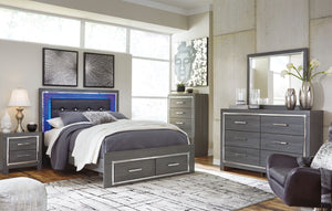 Modern gray finish with replicated wood grain. Cases and bed are accented with faceted chrome details. Large scaled chrome handle with faceted details. Headboards are accented with LED lighting and include a remote for color and brightness options. Includ