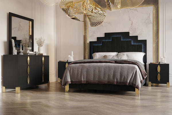 Discover the Empire 5-piece Bedroom Set, comprising a bed, dresser, mirror, and 2 nightstands, designed to enhance your bedroom with lasting quality and modern elegance. Crafted from eco-friendly materials and adorned with a sleek black finish, this set e