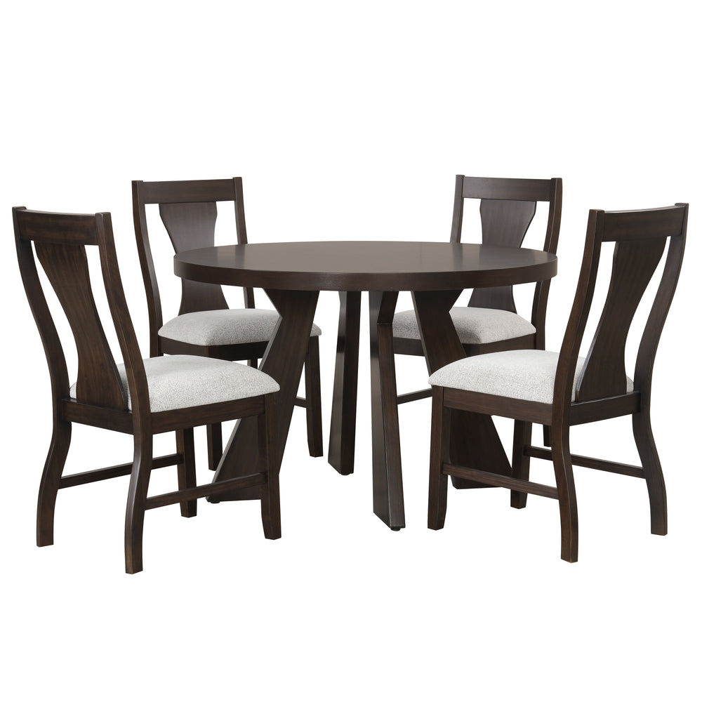 The Chestnut Ridge 5-Piece Dining Set brings together durability and style, featuring a round dining table and four side chairs that create an inviting space for everyday meals or cozy gatherings. Crafted from solid Rubberwood, manufactured woods, and woo