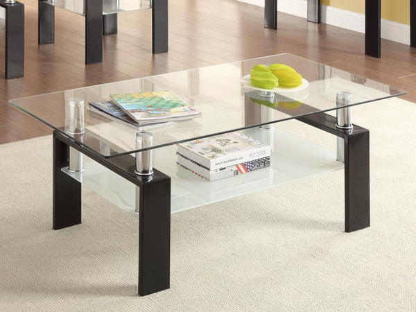  designed for style and functionality. It features a clear tempered glass top