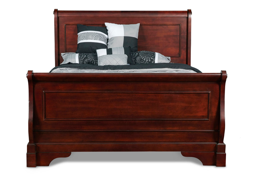 The Versailles Wood Sleigh Bed in Bordeaux Cherry is a beautifully crafted centerpiece for any bedroom. This set includes a headboard, footboard, two side rails, and a slat kit, all expertly constructed from solid Poplar, manufactured woods, and genuine b