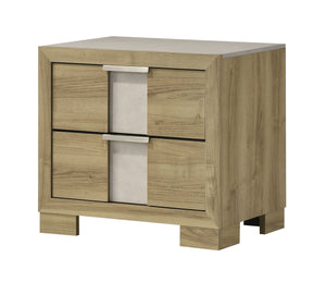 This bedroom set encapsulates modern minimalism, rendered in a soothing, natural wood finish that brings an organic, airy feel to any bedroom. The clean-lined bed boasts a broad headboard that stands as a subtle statement piece with integrated lighting. A