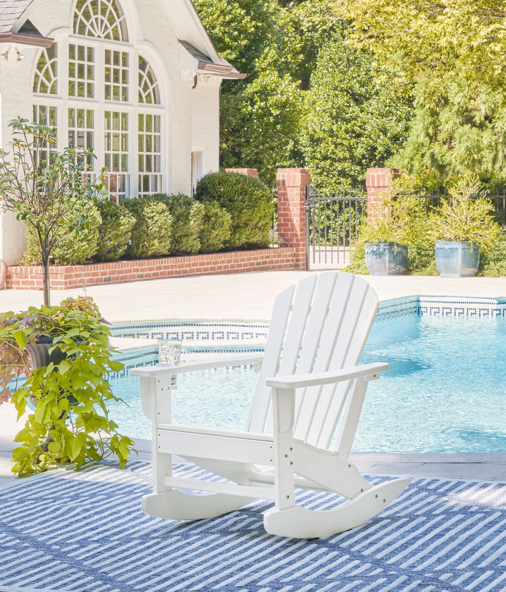 Add cottage-quaint charm to your outdoor oasis with this rocking chair in white. Made of MEGA-TUFFÂ® high-density polyethylene material, itâ€™s sure to weather the seasons beautifully. Designed to shed rainwater, the chairâ€™s slatted styling and classic 