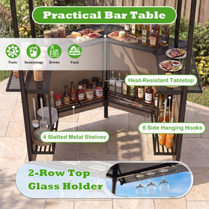 Heat-resistant tabletop with 4 slatted metal shelves for organized grilling<br>2-row top glass holders and 6 side hanging hooks for easy access<br>Comfy bar stools with ergonomic seats and relaxed footrests for comfort<br>Folding stool design allowing com