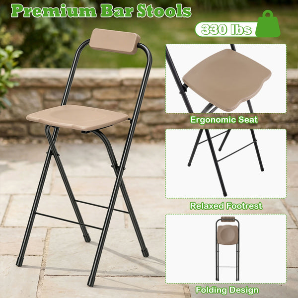 Heat-resistant tabletop with 4 slatted metal shelves for organized grilling<br>2-row top glass holders and 6 side hanging hooks for easy access<br>Comfy bar stools with ergonomic seats and relaxed footrests for comfort<br>Folding stool design allowing com