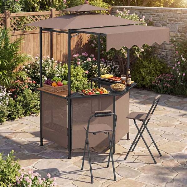 Heat-resistant tabletop with 4 slatted metal shelves for organized grilling<br>2-row top glass holders and 6 side hanging hooks for easy access<br>Comfy bar stools with ergonomic seats and relaxed footrests for comfort<br>Folding stool design allowing com