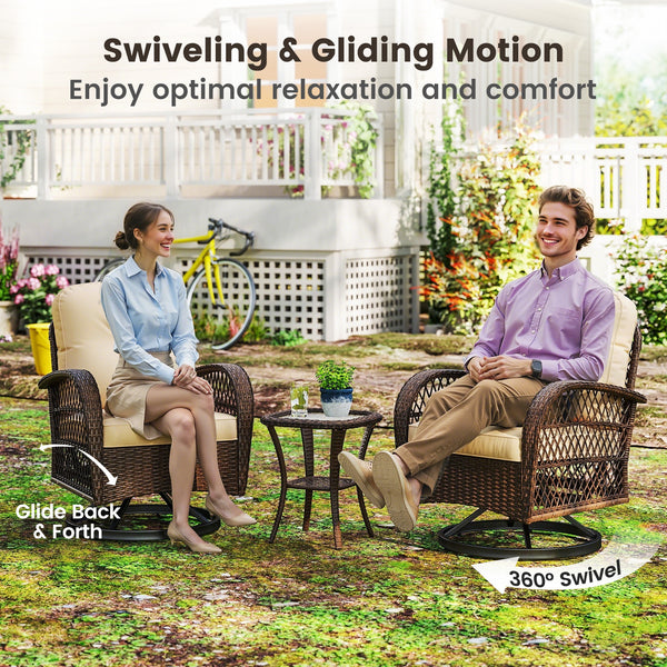 360Â° swiveling and smooth gliding make you fully relaxed<br>Crafted with well-woven rattan for long-lasting elegance<br>Soft seat and back cushions add more comfort<br>Zippers of seat cushions for easy cleaning<br>Tufted back cushions for more beauty<br>