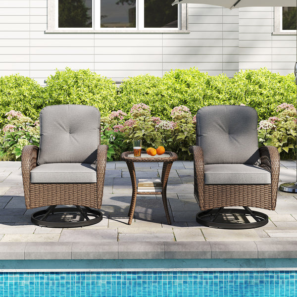 360Â° swiveling and smooth gliding make you fully relaxed<br>Crafted with well-woven rattan for long-lasting elegance<br>Soft seat and back cushions add more comfort<br>Zippers of seat cushions for easy cleaning<br>Tufted back cushions for more beauty<br>