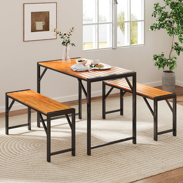 The set includes a rectangular table and 2 benches  could hold up to 4 people<br>Crafted of solid acacia wood  provide strong support  ensure long-lasting durability<br>The robust metal frame provides excellent support and stability<br>Equipped with adjus