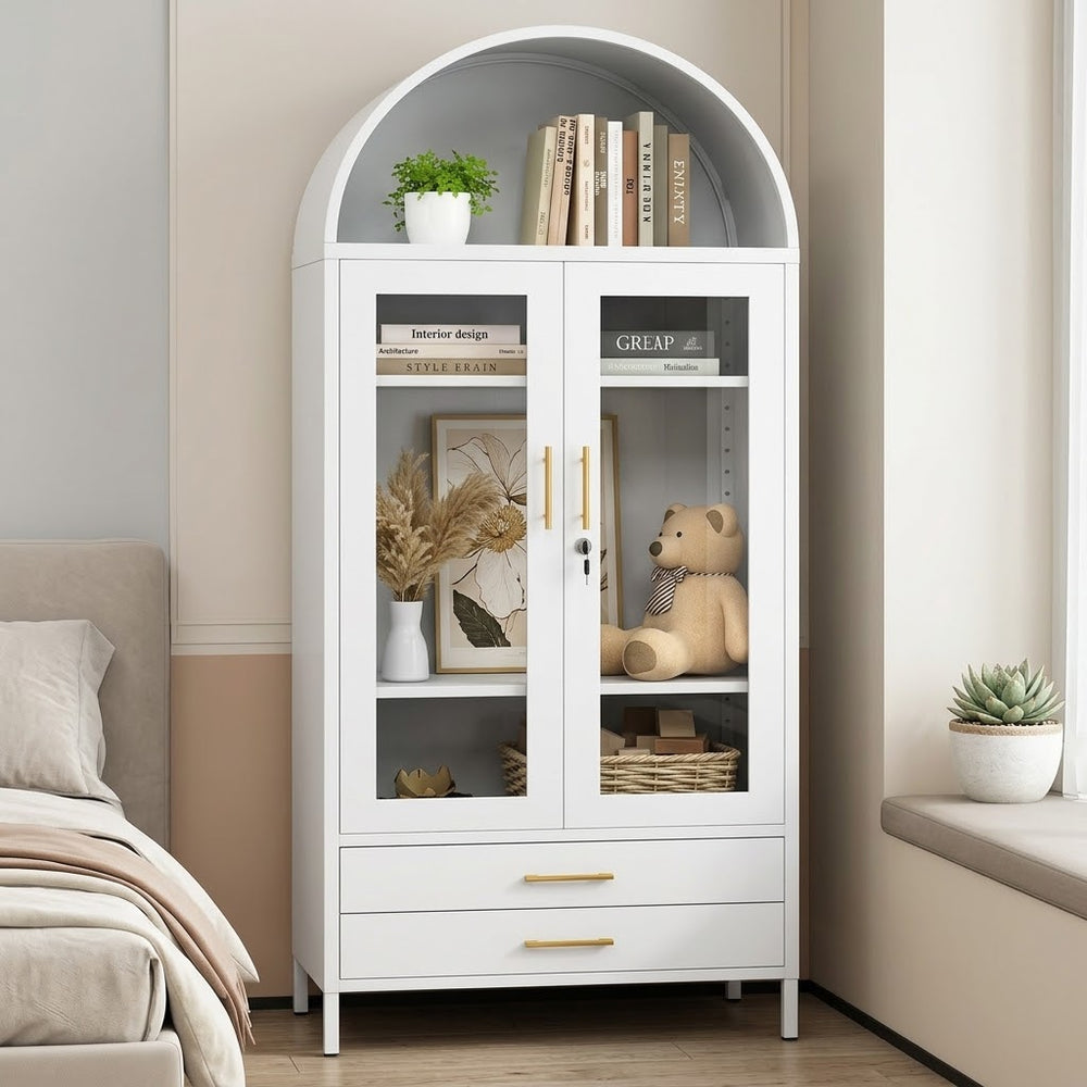Modern Arch Metal Storage Cabinet with Glass Doors