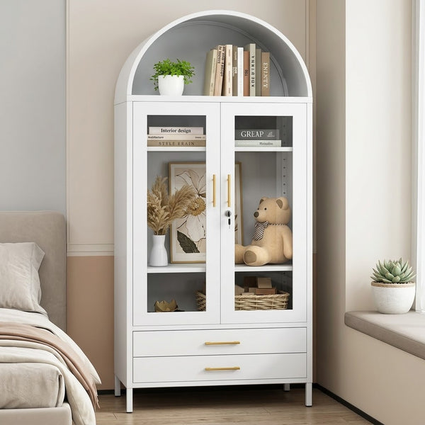 Modern Arch Metal Storage Cabinet with Glass Doors