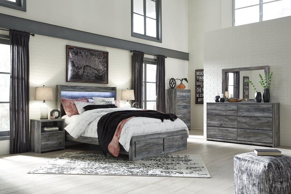 Baystorm - 6 pzs. - Cómoda, espejo, cama queen con paneles y 2 cajones de almacenamiento - Gris