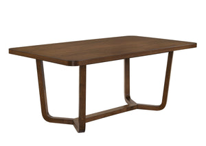  designed to seamlessly blend modern elegance with mid-century inspiration. The beautifully crafted table features a warm wood finish and a unique sculptural base