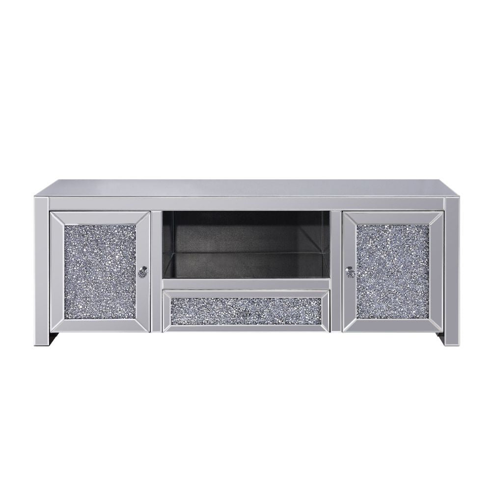 The Noralie TV Stand will add a contemporary touch to any room in your home. With its clean lines, this brilliant rectangular accent piece showcases a distinctive style for an intriguing look. The unique piece has fully mirrored base and top and fronts fi