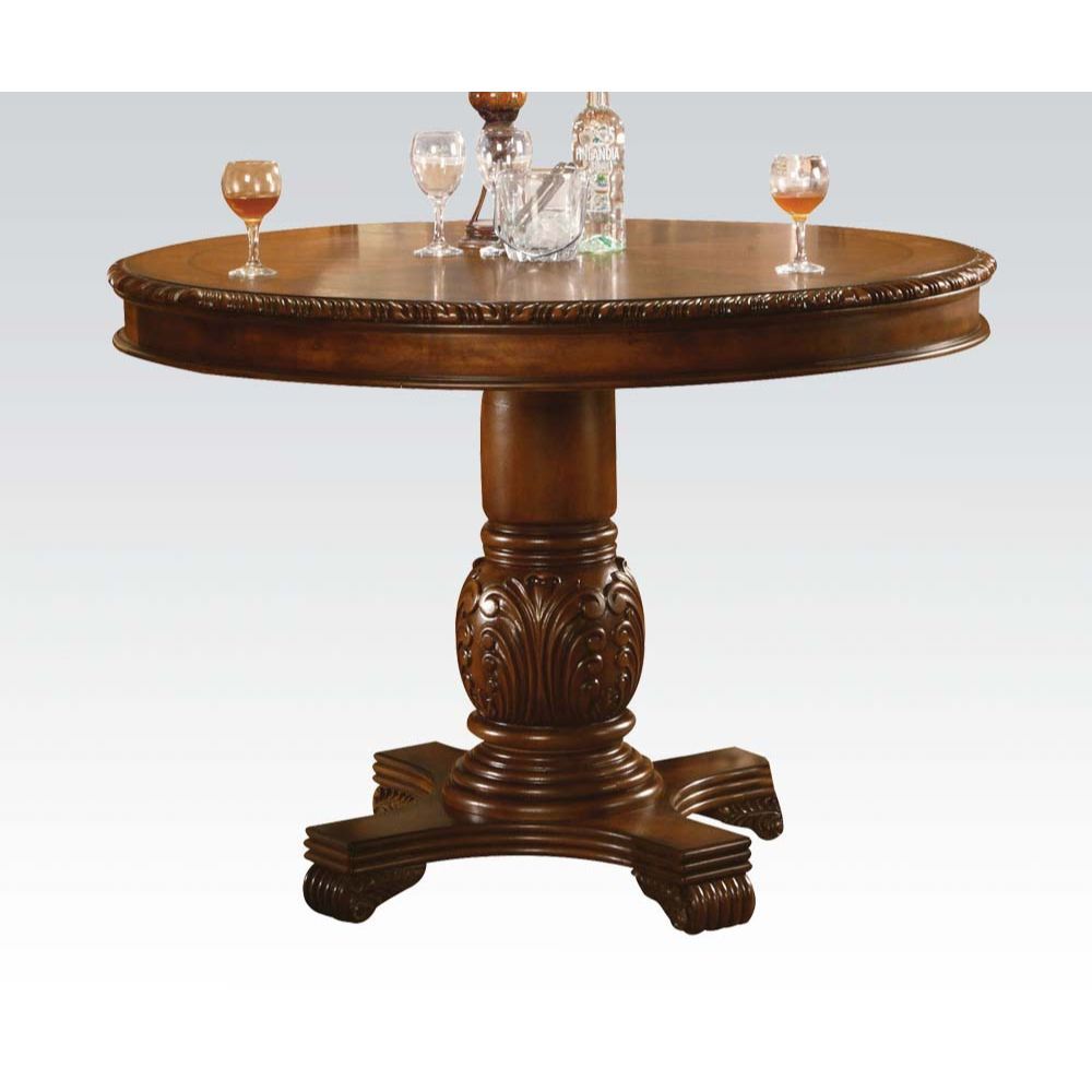 KD, Round Single Pedestal Table NO Storage Fixed Top (NO Extension Included) CONSTRUCTION Wooden Top & Apron: Arched Sides, Parquet Top Pattern & Grooved Trim (Top Size 5-"H) Wooden Single Pedestal: Column with Raised Leaves Motifs Over 4- Foot Base