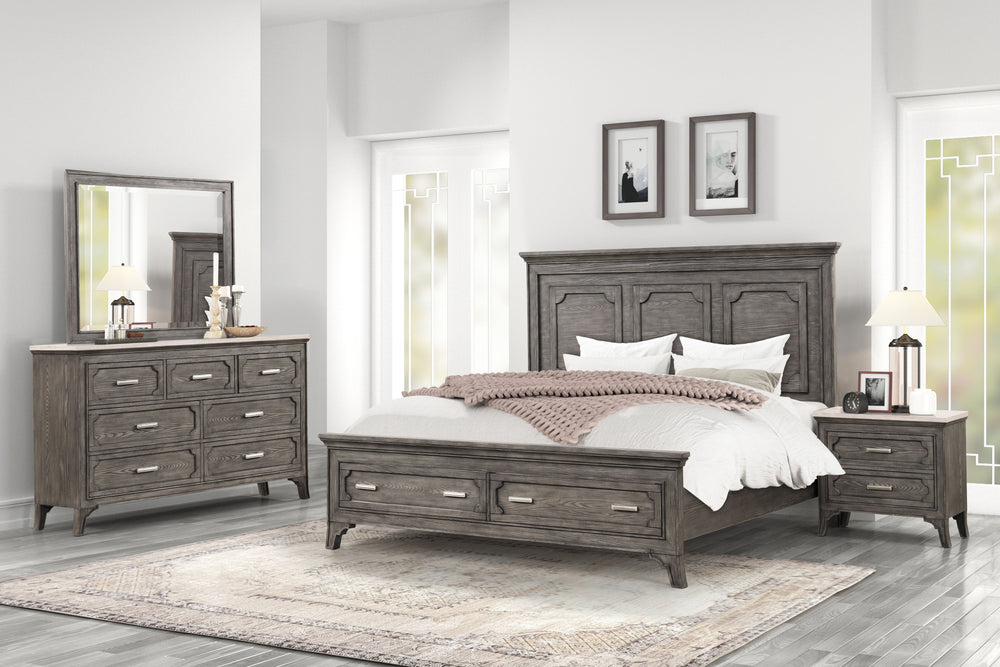 Create a sanctuary of enduring elegance with the Lisbon 5 Piece Bedroom Suite. Crafted from Acacia solid wood and eco-friendly embossed oak laminate, this suite ensures lasting strength and durability. Its multi-step gray finish enhances the natural beaut