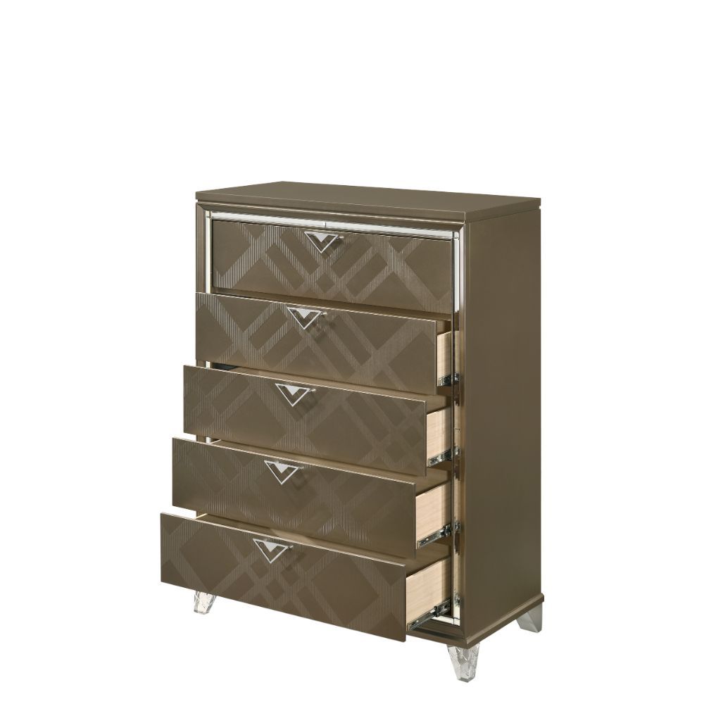 5 Drw Drawer: Embossed Fronts,GLIDE) Side Metal (2/3 Ext.), DOVETAIL) English Front & Back, Lined Paper Veneer (NO FELT), Safety Stop, Manual-Close, Hardware: Single Pull Metal Knob CONSTRUCTION] Wooden Case-Leg: Wood (Rbw), MDF, PB, Mirrored Beveled Trim