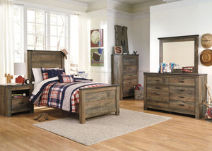  plank-style details and nailhead trim pay homage to reclaimed barn wood