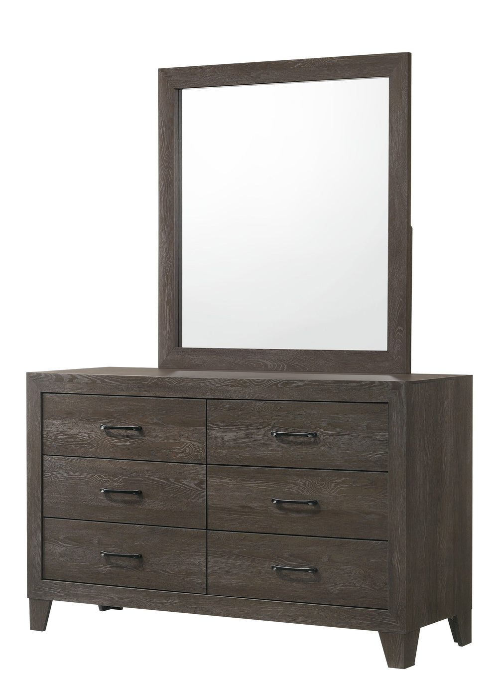This bedroom collection showcases a rustic yet refined aesthetic, ideal for creating a tranquil and cozy retreat. The ensemble features a robust bed with a clean-lined headboard that brings a touch of rustic charm. The wood grain finish is complemented by