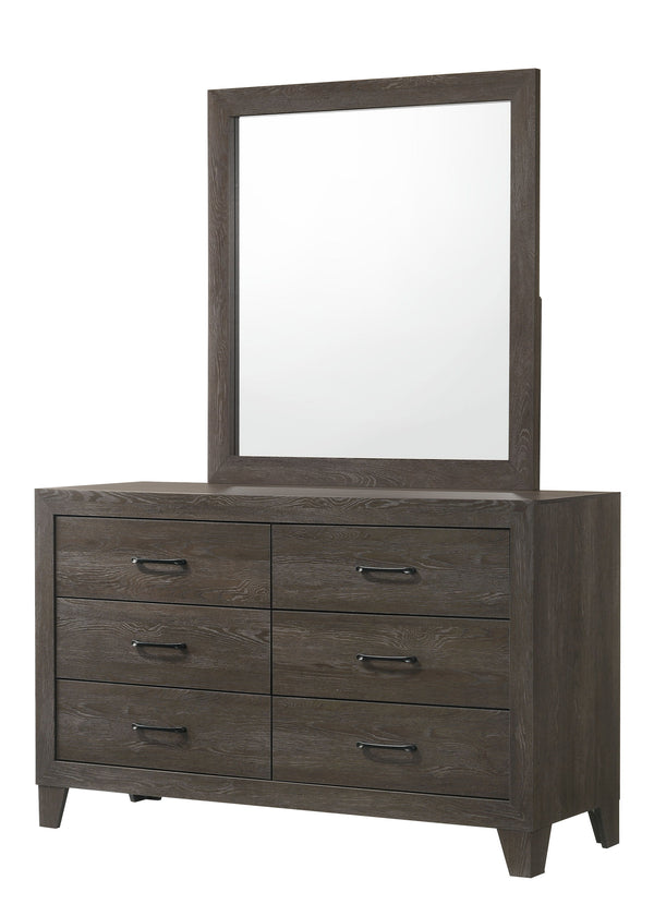 ideal for creating a tranquil and cozy retreat. The ensemble features a robust bed with a clean-lined headboard that brings a touch of rustic charm. The wood grain finish is complemented by