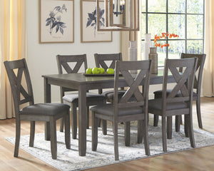  this dining set is styled with fascinating flair. Subtle gray wash finish gives the clean-lined design a casually cool sensibility
