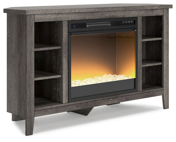  this corner TV stand with electric fireplace is right in tune with your relaxed approach to high style. Beautifully shaped to nestle into any corner