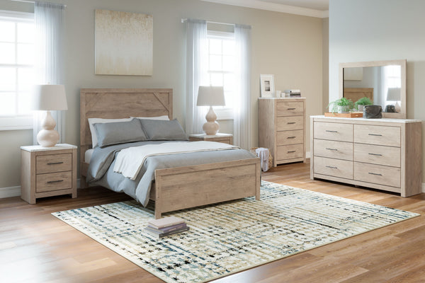  clean and casually modern. This full panel bedâ€™s light natural finish sets the tone for your calming sanctuary. Framed elements and cross-brace accents add dimension and authenticity to the bedâ€™s simply stunning profile. <h4><b>Senniberg - Light