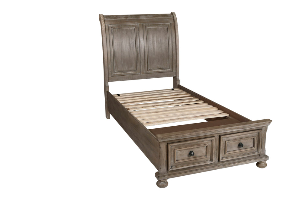 The Allegra Storage Sleigh Bed in a sophisticated pale pewter finish is a perfect blend of durability, style, and functionality. Expertly crafted from solid Mindi wood, engineered woods, and wood veneers, this bed offers exceptional durability and showcas