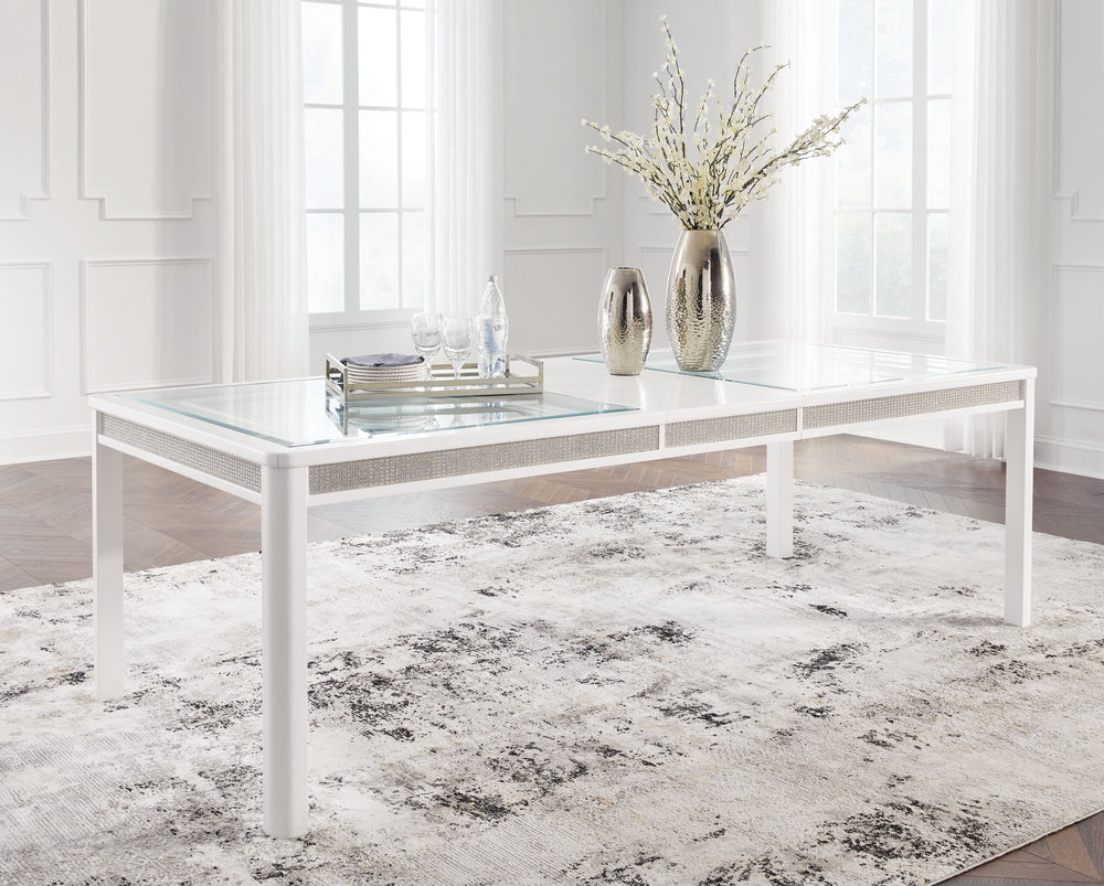 Embracing modern glamour, this extension table is a sparkling addition to your dining area. A bright white lacquer finish, shimmering rhinestone accents and clear glass panels give this table plenty of polish. Plus the drop-in leaf accommodates parties of